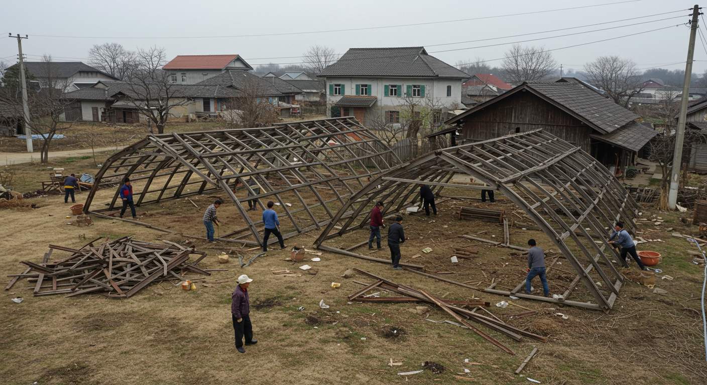 Разборка ангаров в деревне