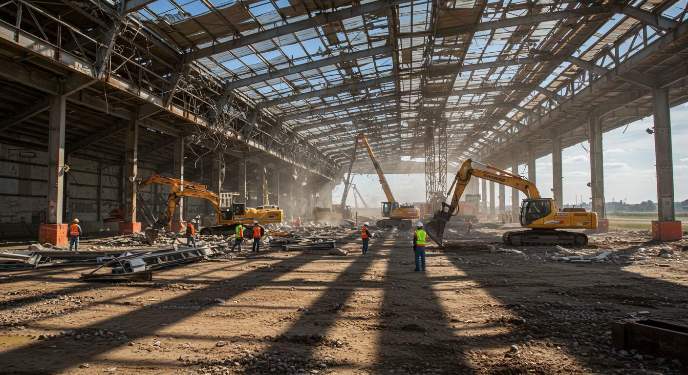 Этапы демонтажа ангара на стройплощадке Демонтаж ангара на стройплощадке