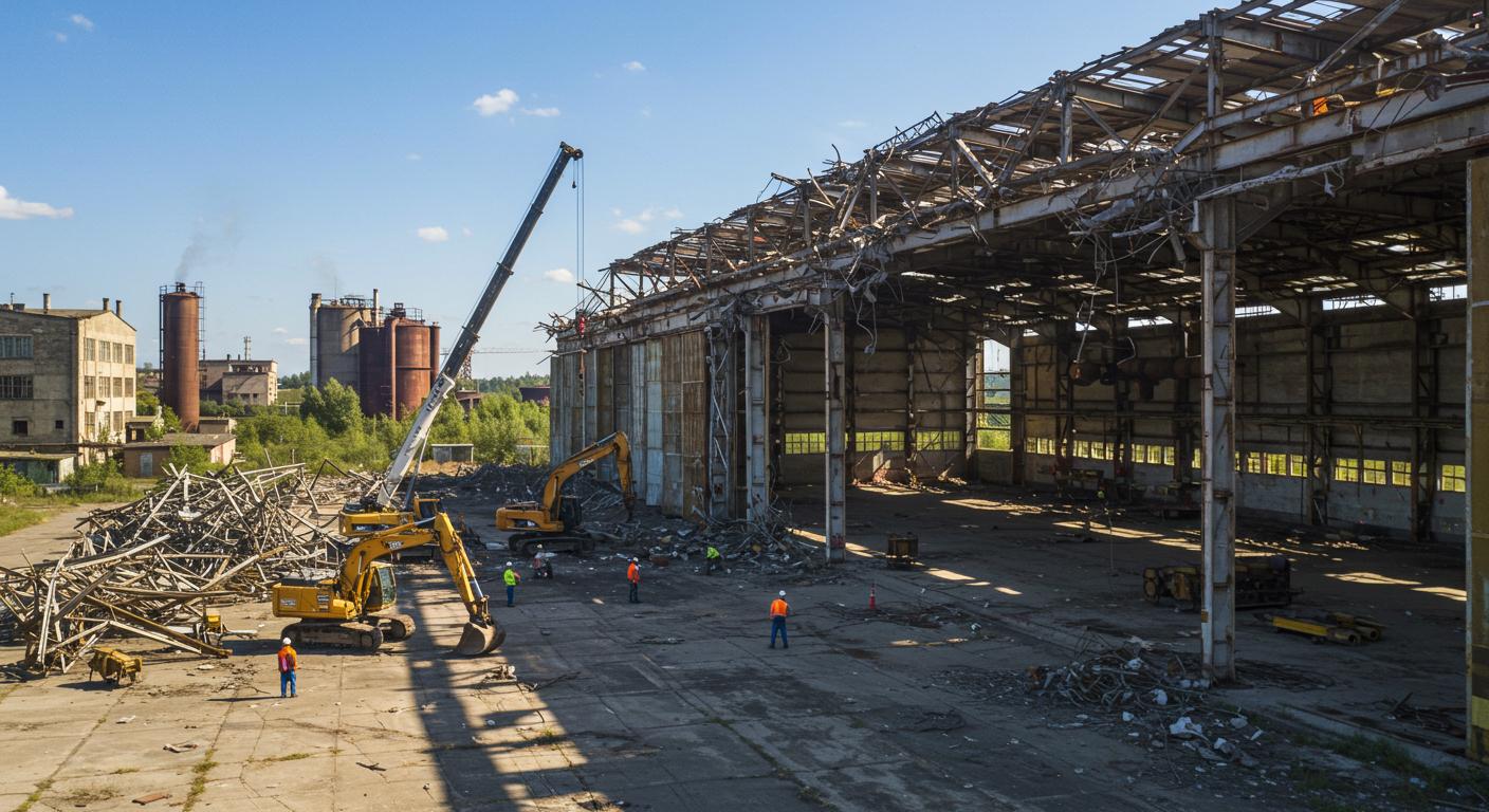 Процесс демонтажа ангаров на предприятии Демонтаж ангаров при ликвидации предприятий