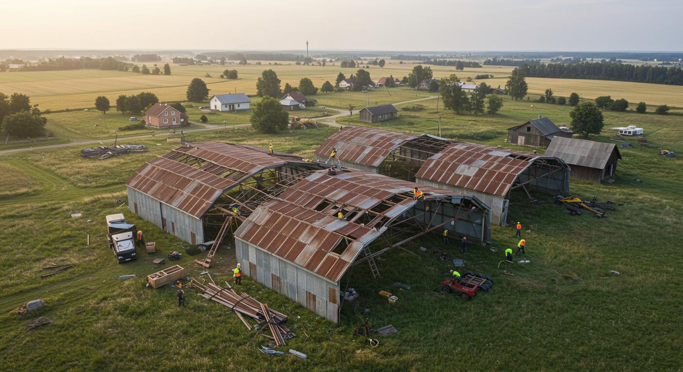 Процесс демонтажа ангаров в сельской местности Демонтаж ангаров в сельской местности