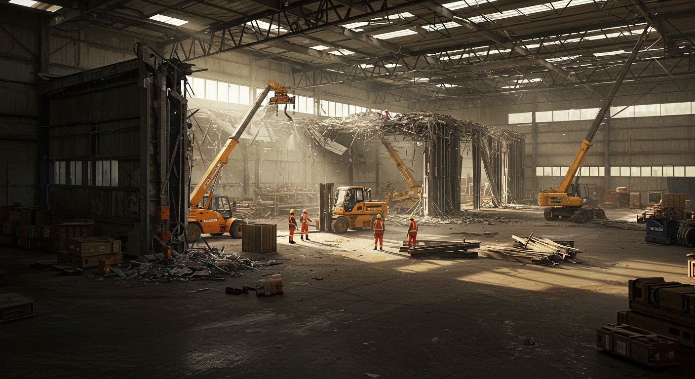 Демонтаж ангара с использованием компактной техники на складе Разборка ангара на складе