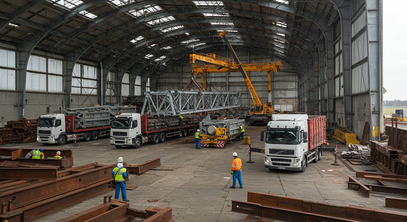 Сортировка и погрузка металлических конструкций при демонтаже ангара Демонтаж ангара с транспортировкой металла