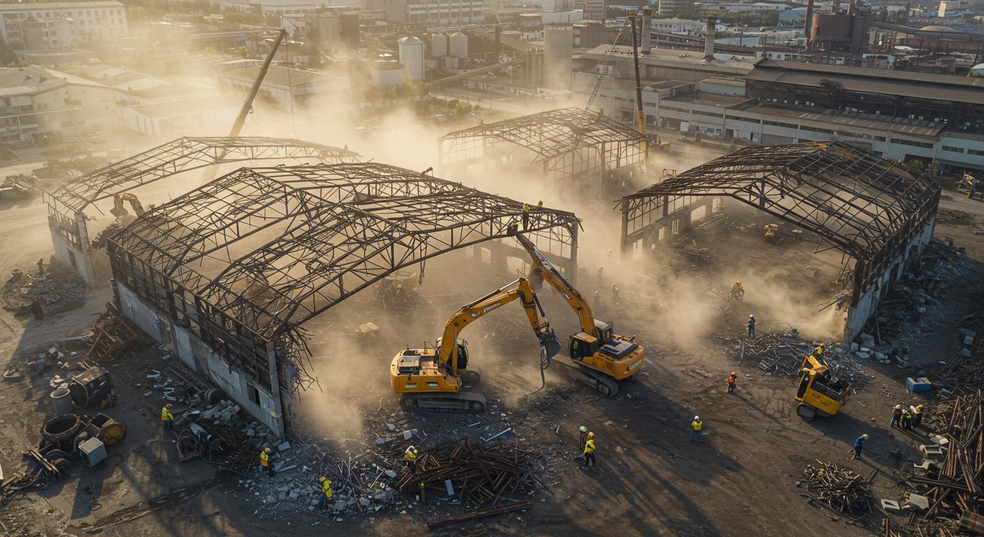 Разборка и сортировка металлических конструкций на заводе Демонтаж ангаров на заводской территории