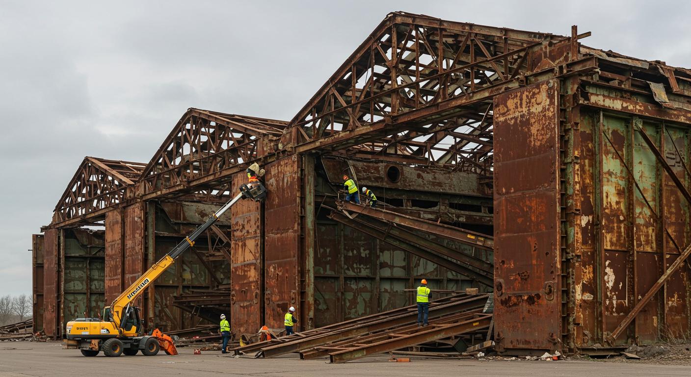 Разборка ржавого ангара с подготовкой металла к переработке Демонтаж ржавого ангара
