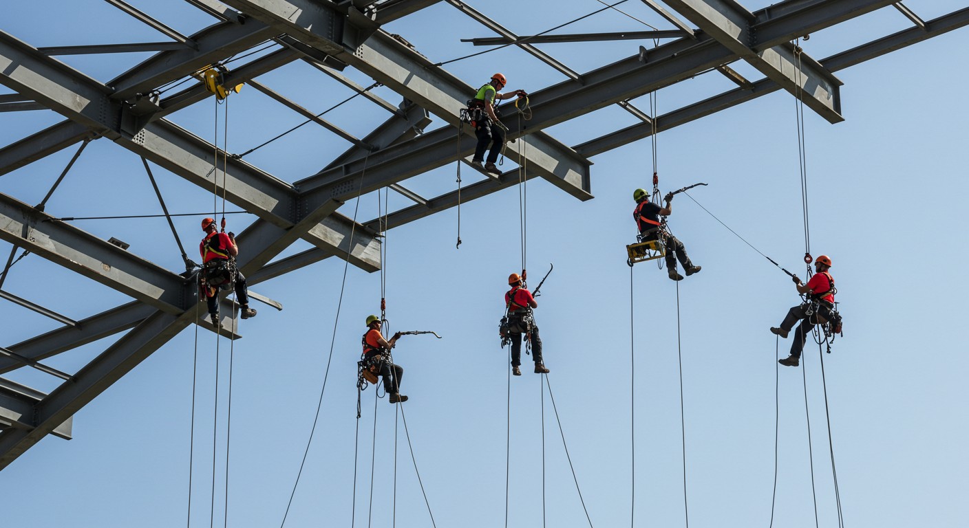 Альпинисты проводят разборку металлического ангара Демонтаж ангара с участием альпинистов
