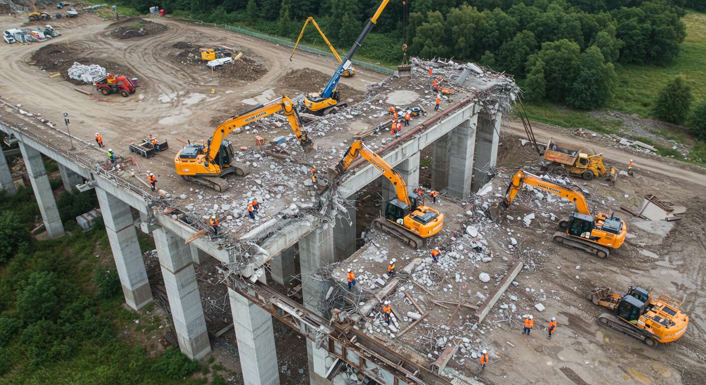 Демонтаж моста с помощью спецтехники