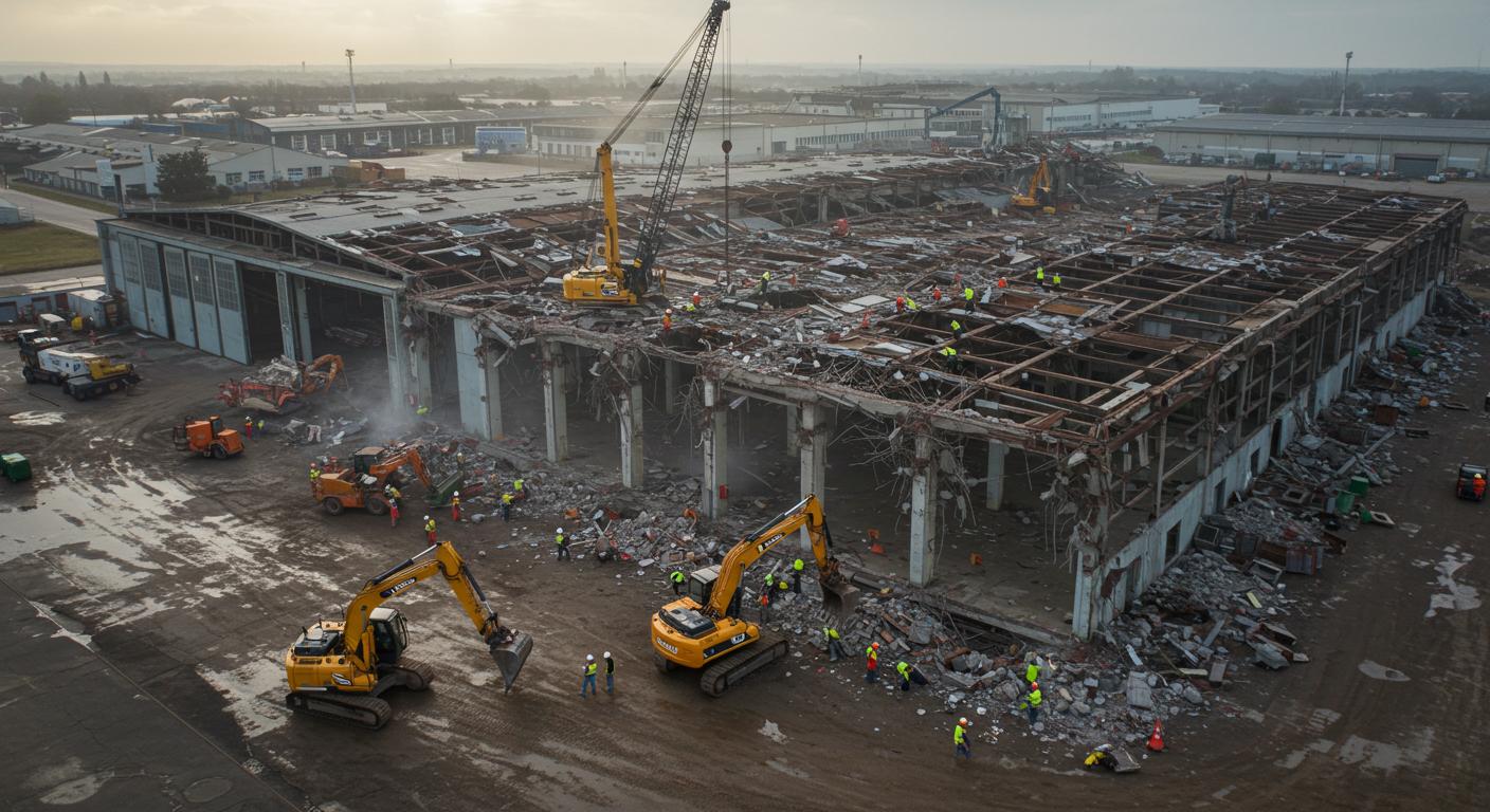 Процесс разборки старого торгового ангара с соблюдением техники безопасности Демонтаж старого торгового ангара