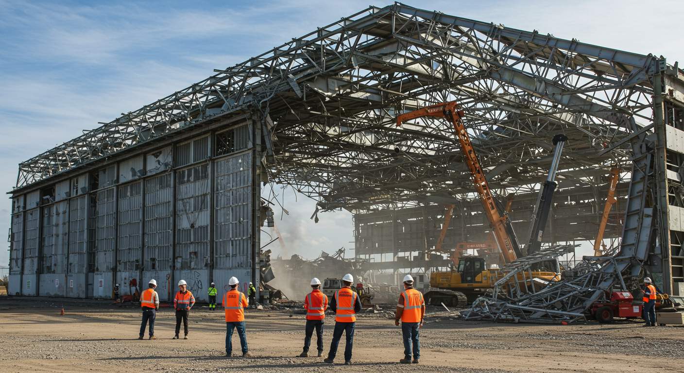 Инженеры контролируют демонтаж ангаров на строительной площадке Демонтаж ангара под контролем инженеров