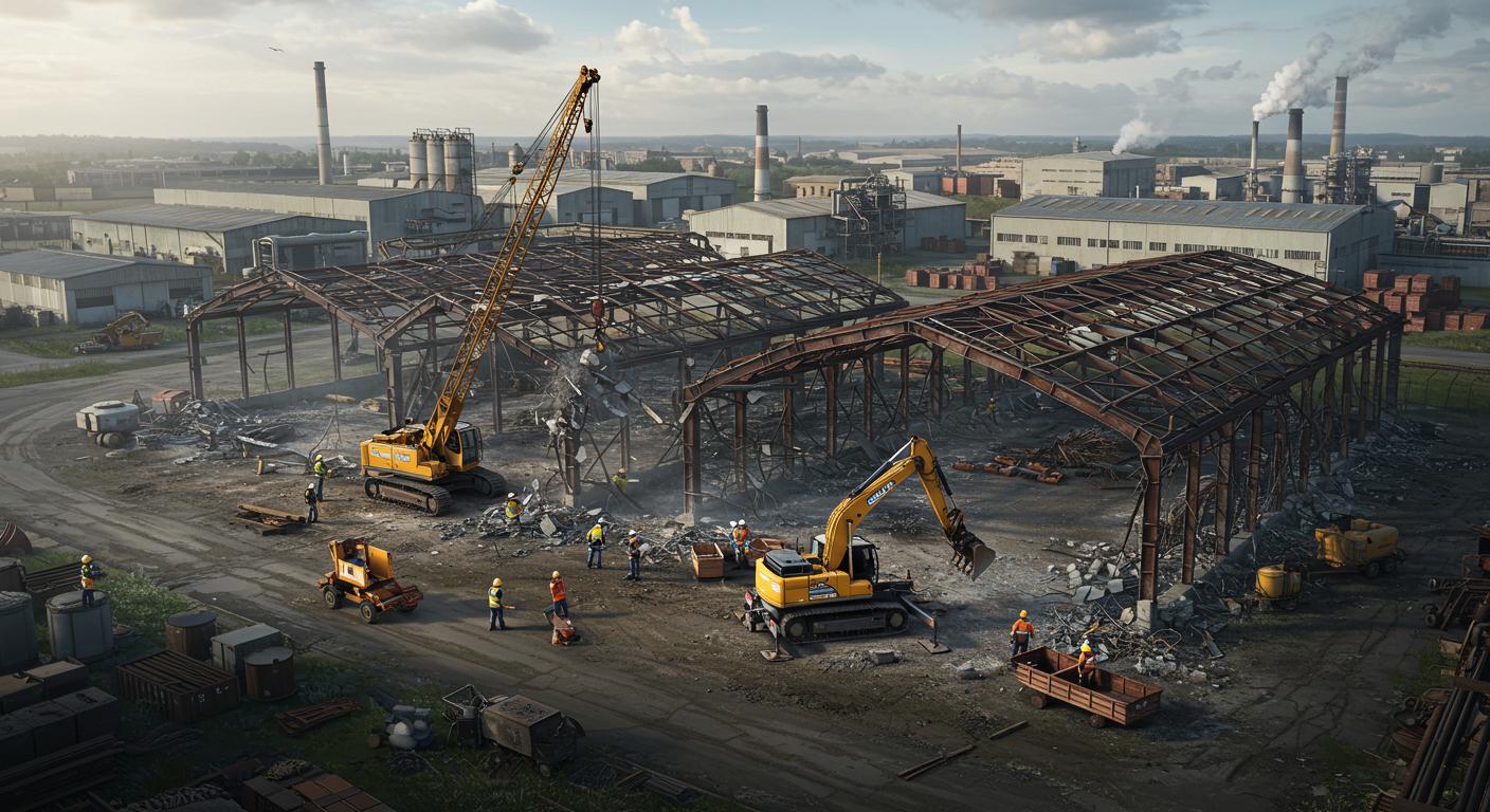 Процесс демонтажа ангаров под контролем инженеров на промышленной площадке Демонтаж ангаров на промышленных территориях