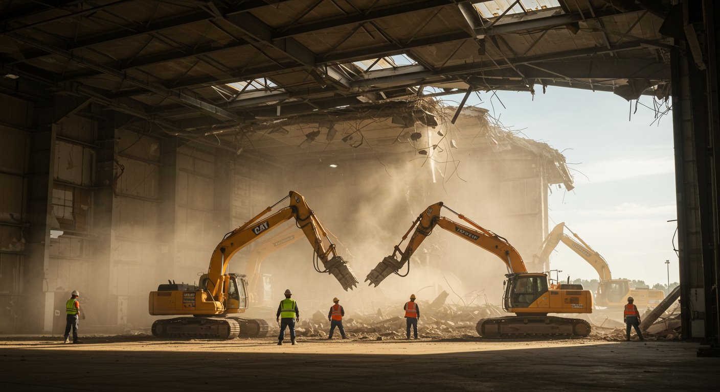 Этапы демонтажа ангара под контролем инженеров с использованием спецтехники Демонтаж ангара при изменении проекта