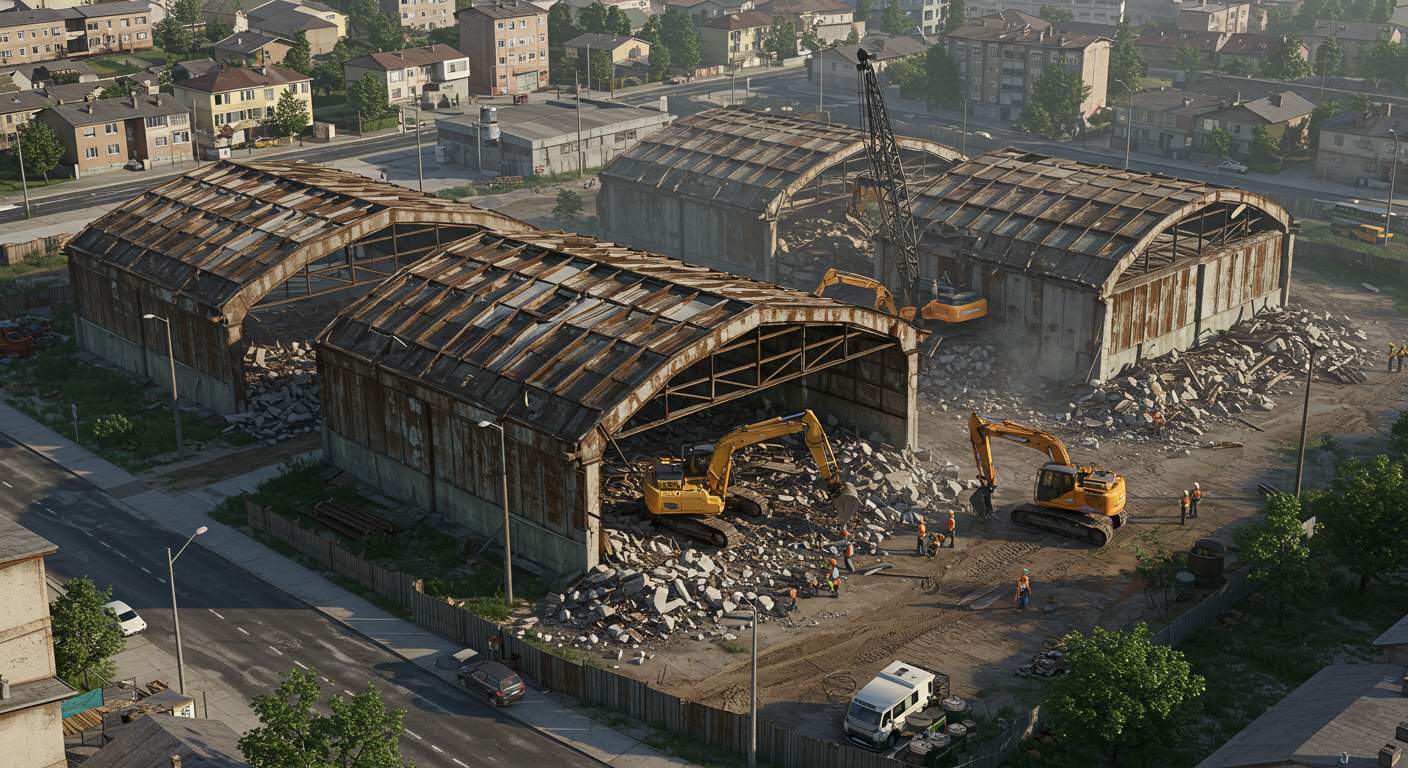 Процесс демонтажа ангаров в условиях плотной городской застройки Демонтаж ангаров в городской зоне