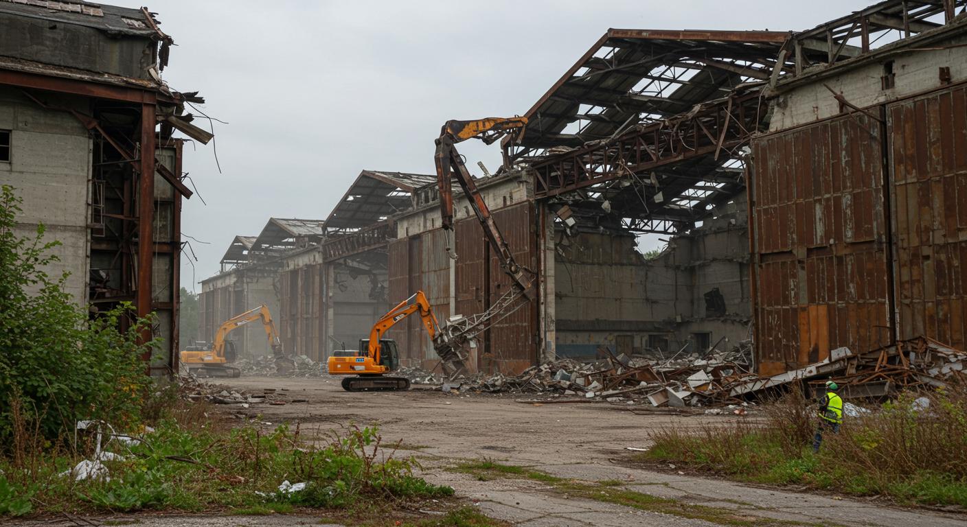 Разборка старого ангара на фермерском хозяйстве Демонтаж ангара в сельской промышленности