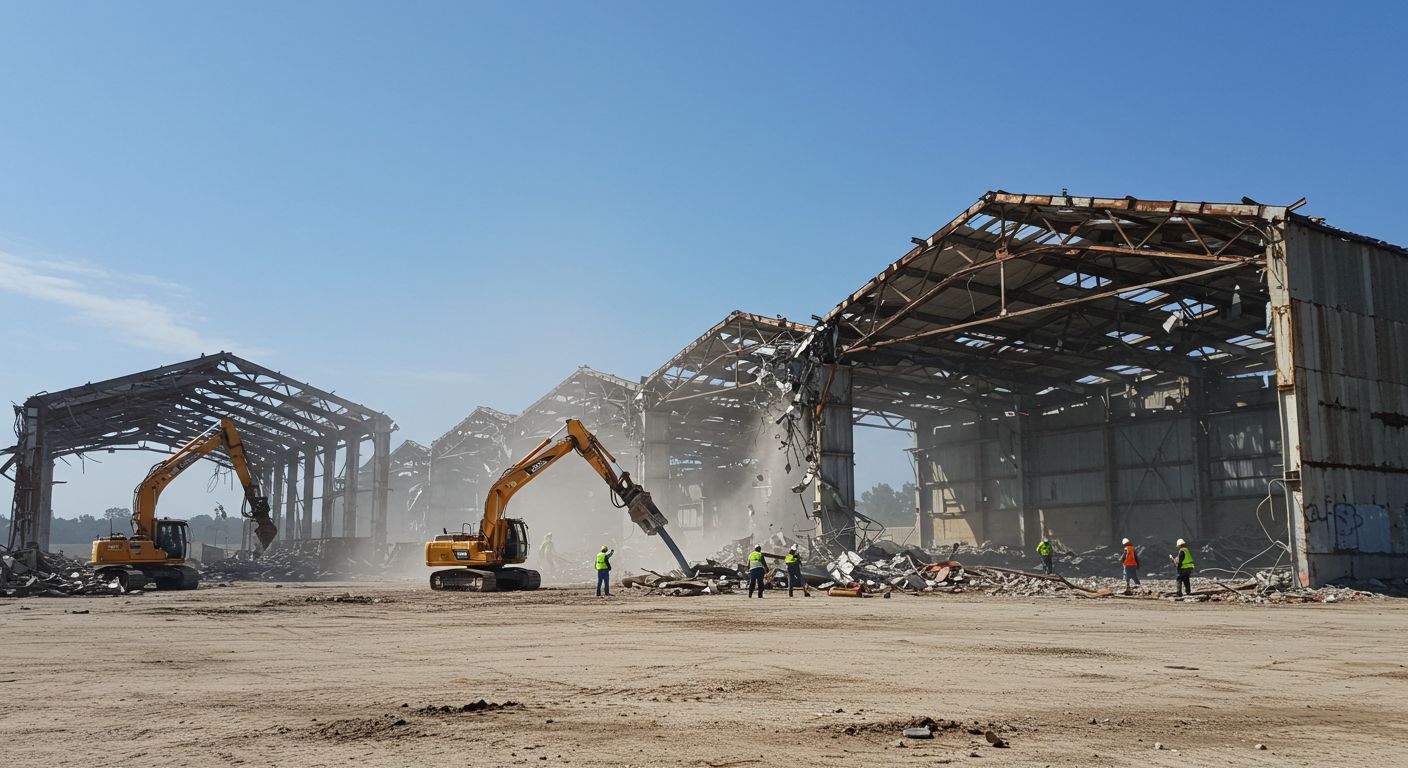 Демонтаж старого ангара для подготовки участка под стройку Демонтаж ангаров для освобождения земли