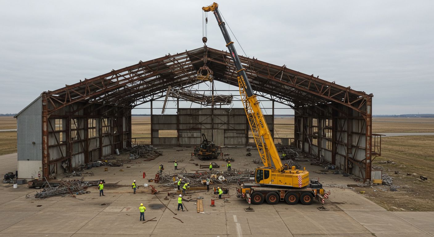 Использование крана при демонтаже ангаров Демонтаж ангаров с помощью крана