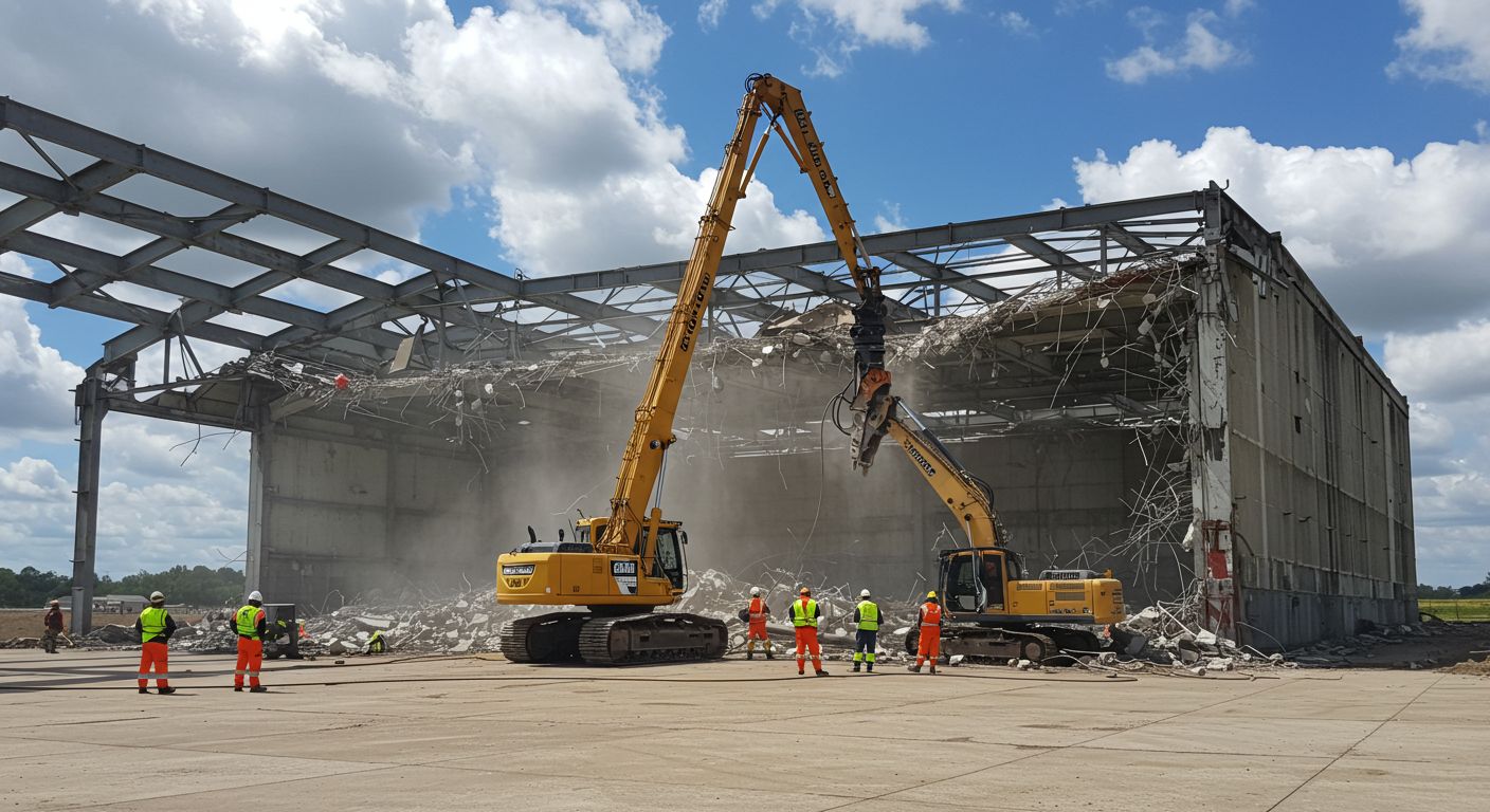 Разборка ангаров с гидравлическим оборудованием Демонтаж ангара с применением гидравлики