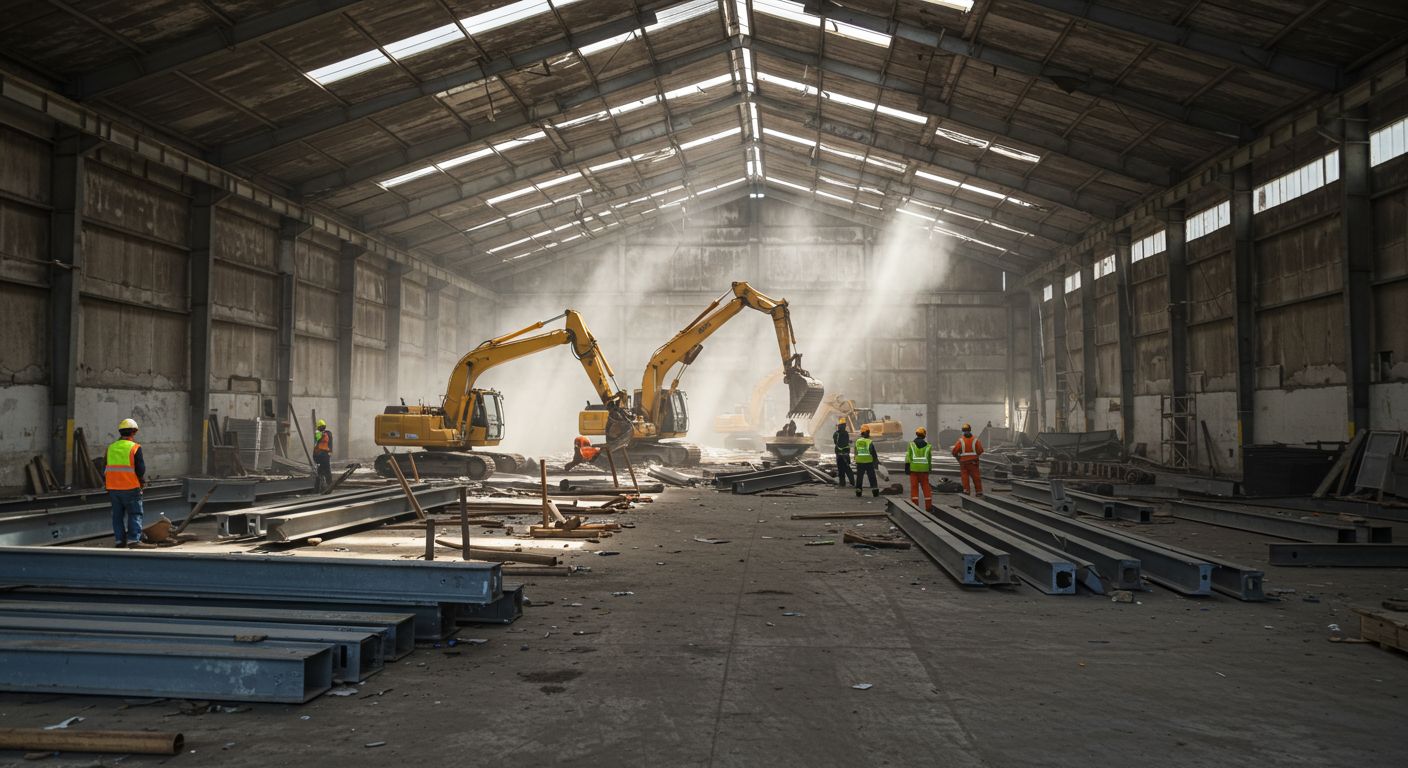 Процесс демонтажа ангара на складе Демонтаж ангара при модернизации склада