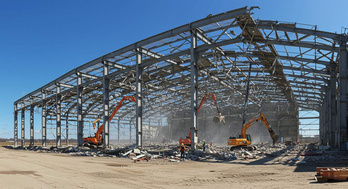 Процесс демонтажа старого ангара Демонтаж ангара для освобождения земли