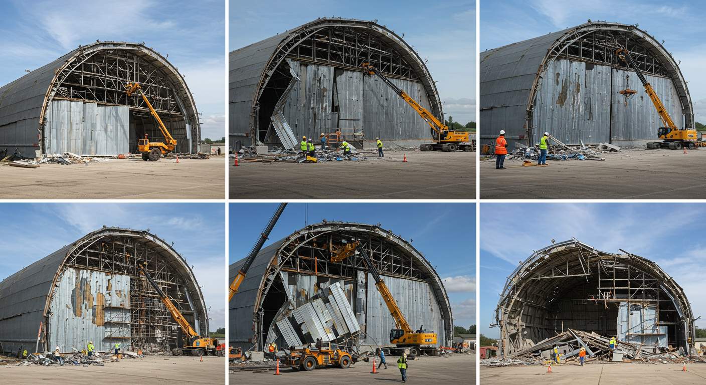 Этапы демонтажа стен ангара