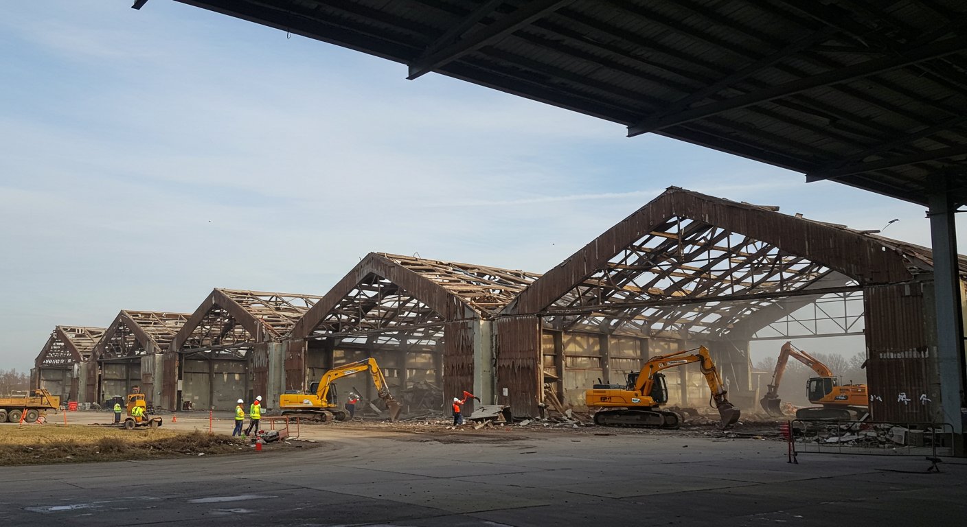 Демонтаж двускатного ангара